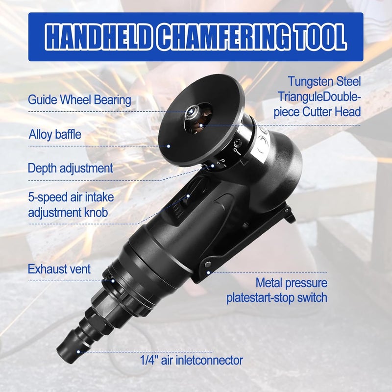dcvbny Pneumatic Chamfering Tool Handheld, Mini Air-Powered Chamfering Machine Trimming, 45° Arc Corner with 1/4 Inch Air Inlet for Metal Wood Beveling Deburring (C&R Angle Blades) - Image 3
